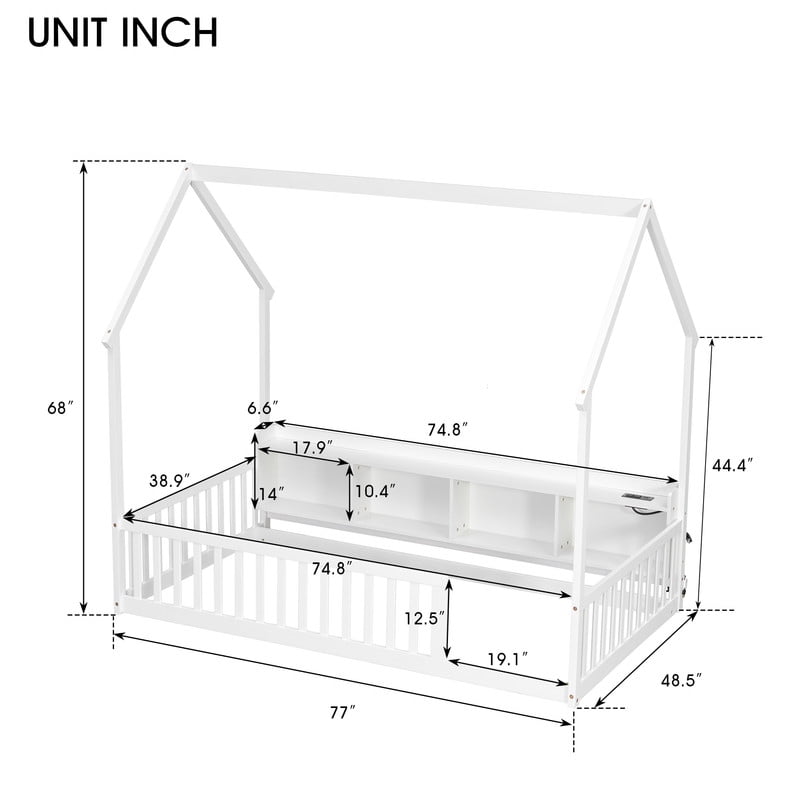 Twin Size House-Shaped Canopy Bed with Roof, Wood Kid's Floor Bed Frame with Storage Shelves, LED Lights & Charging Station