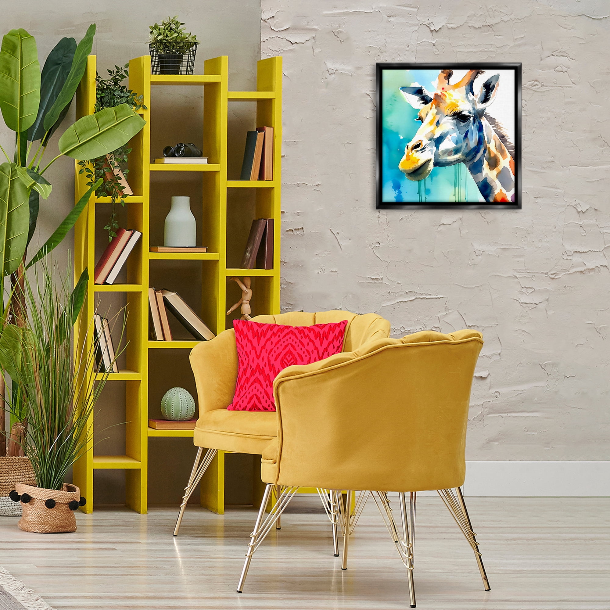 Stupell Industries Giraffe with Blue Splash Animals & Insects Painting Black Floater Framed Canvas Art Print Wall Art, 18 x 18