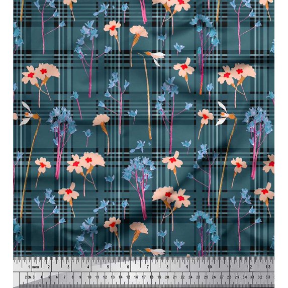 Soimoi Velvet Fabric Floral & Check Decor Fabric Printed Yard 58 Inch Wide