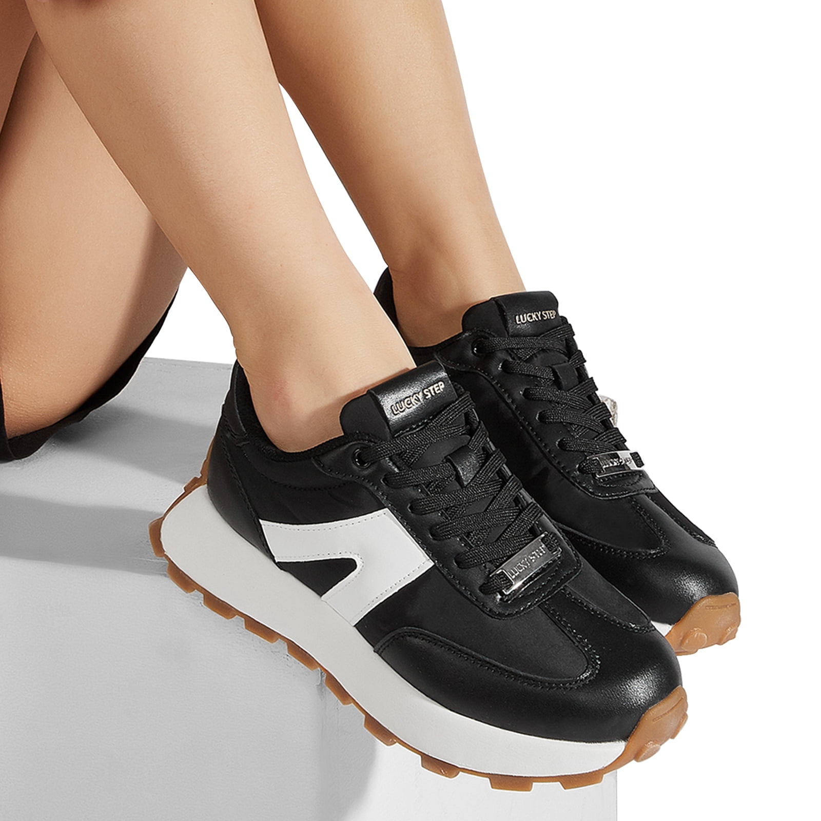 LUCKY STEP Womens Platform Shoes Chunky Fashion Lace-up Sneakers Casual Shoes,Black