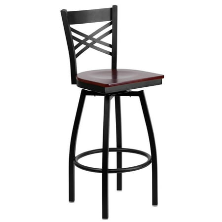 Mahogany Swivel Stool - Black ''X'' Back Swivel Metal Barstool - Mahogany Wood Seat