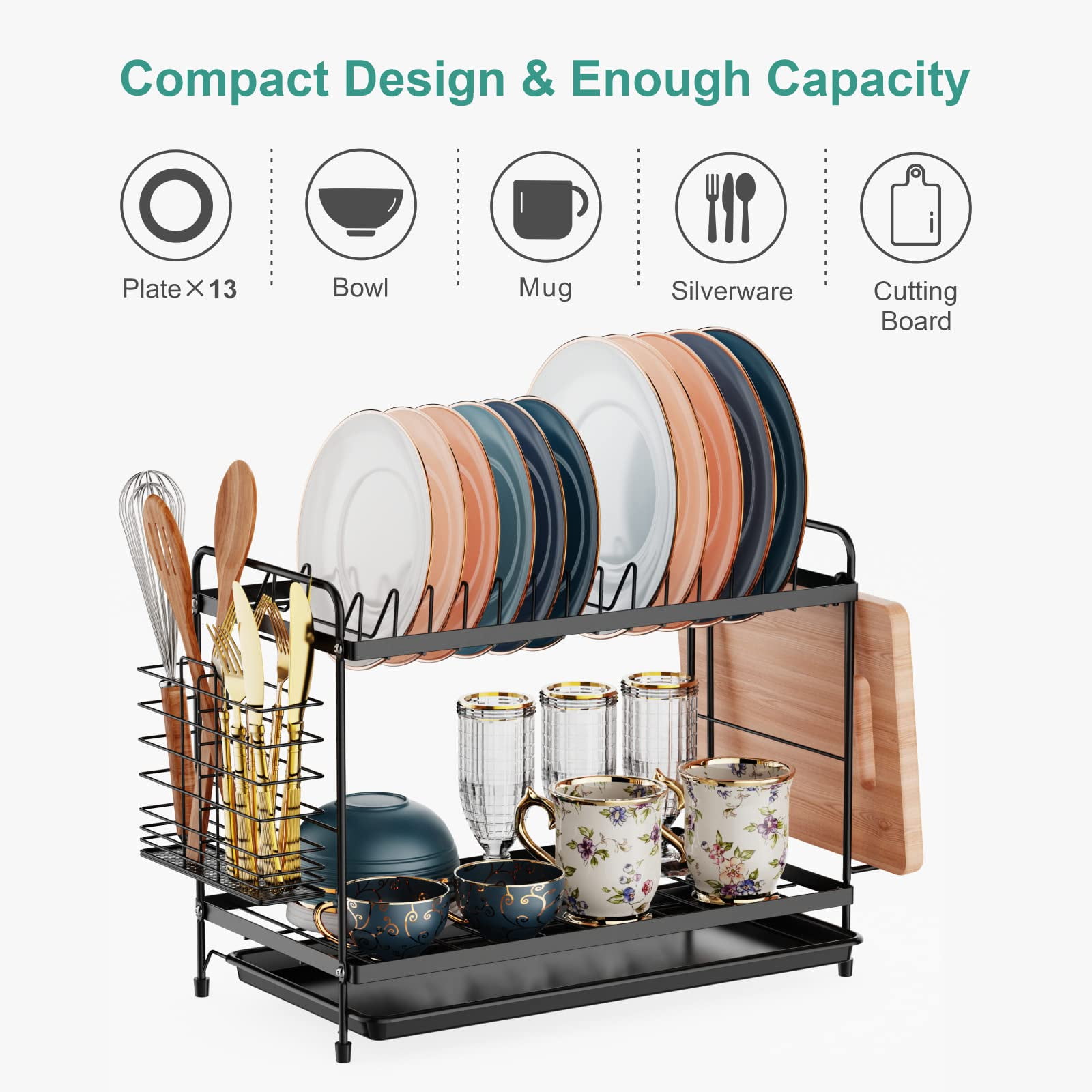 Dish Drying Rack for Kitchen 2 Tier Small Dish Rack with Drainboard  Rust-Resistant Compact Dish Drainer with Utensil Holder Cutting Board  Holder for Kitchen Counter, Black 