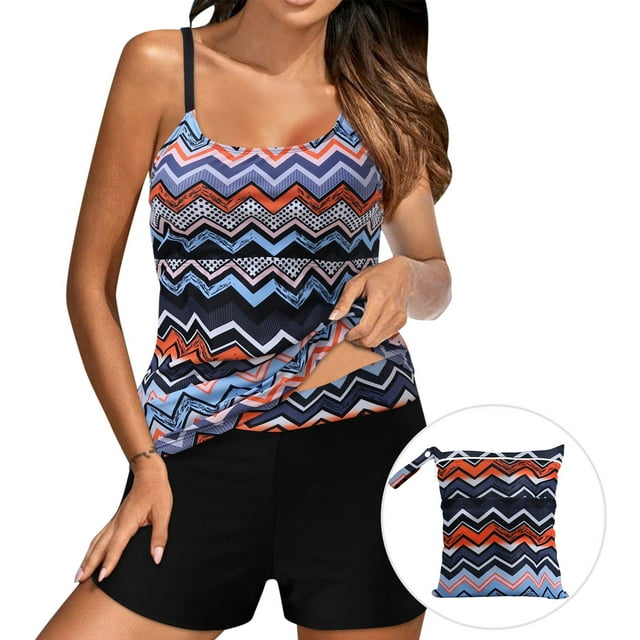 High Waist Tankini Bathing Suits for Women Beach Tummy-Control 2 Piece Modest Swimsuits with 13.7*12.2 Swim Bag Multicolor, L