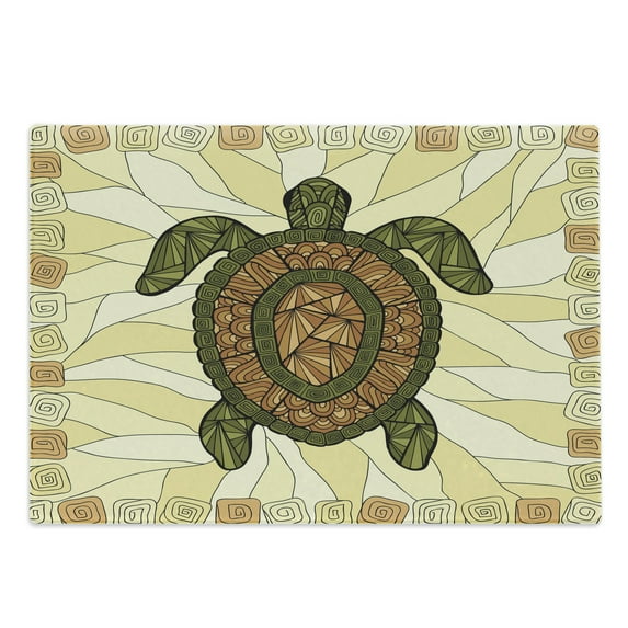 Turtle Cutting Board, Turtle Zentangle on Yellow Background Spiral Forms Bohemian Art, Decorative Tempered Glass Cutting and Serving Board, Large Size, Yellow Green Brown, by Ambesonne