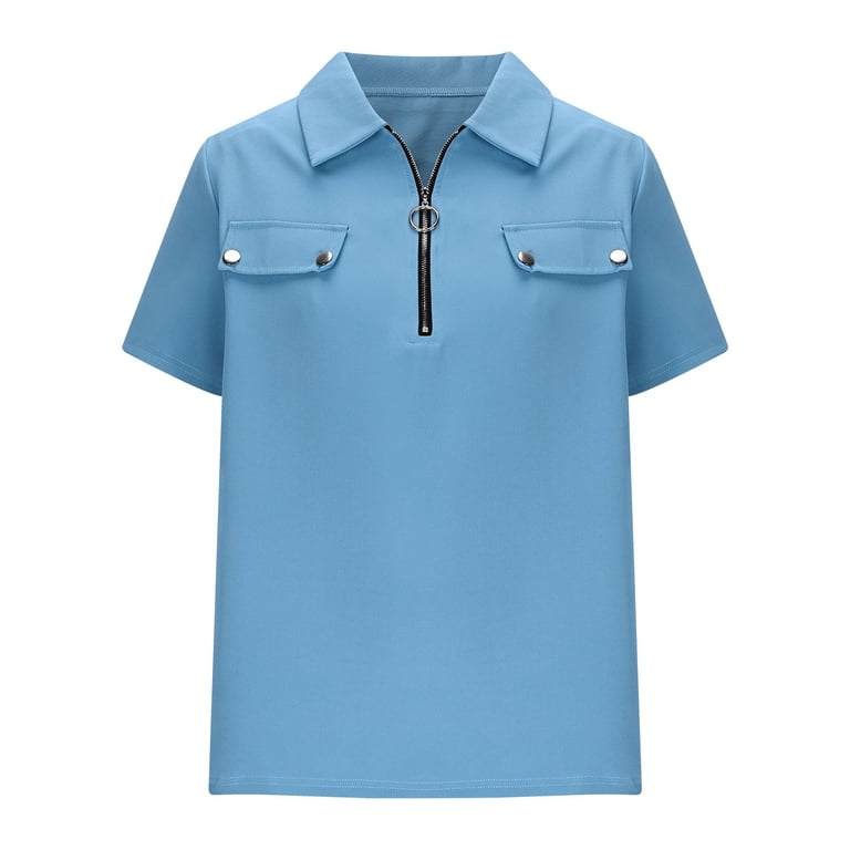 Zip-Front Collared Shirt for Women, Short Sleeve Solid Color Top