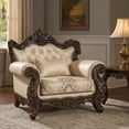 thumbnail image 3 of Benjara Puhi Accent Armchair w Lumbar Pillow- Beige Fabric- Ornate Carved Wood, 3 of 8