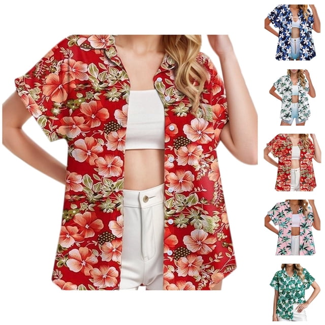 Beach Womens T Shirts 2026 Summer Fashionable Short Sleeve Button Down Lapel Collared Tropical Shirt Vacation Tees