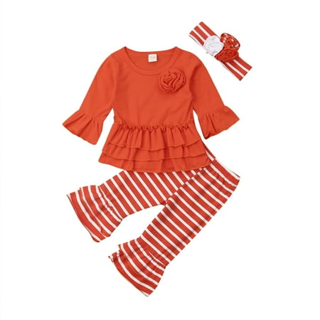 

Sunisery Infrant Baby Girls Clothes Flower Tops Dress Striped Pants Legging Headband Clothes Set