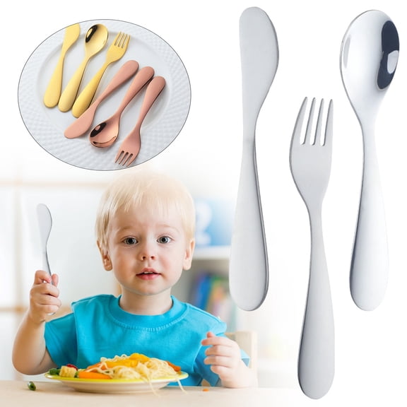Children’s Stainless Steel 3-Piece Cutlery Set, Knife, Fork & Spoon, Polished, Dishwasher Safe, Toddler Flatware, Multiple Colors