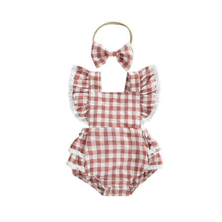 

Calsunbaby Summer Baby Girls Romper Plaid Lace Splicing Fly Sleeve Jumpsuit Bow Headwear Sunsuit Clothes Set Pink 3-6 Months
