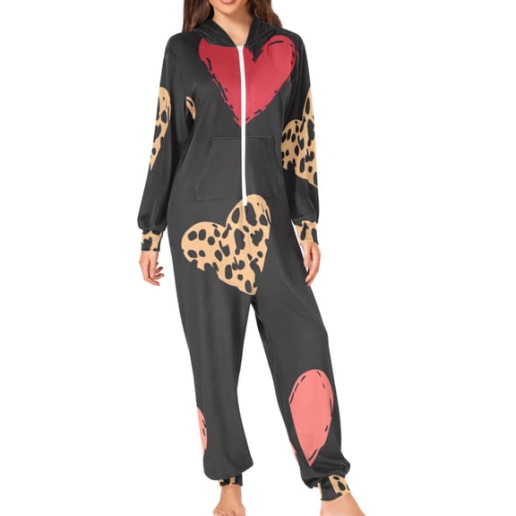 Valentine Colorful Hearts Leapard Printed Adult's Hoodie Onesie Jumpsuit One-Piece Pajamas with Zipper Unisex for Holiday S