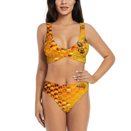 Zeuib Bees on Hive Honeycomb High Waisted Tummy Control Bikini Set - Knot Front Push Up Top & Cheeky Thong Bottom  Two-Piece Swimsuit for Women-X-Large