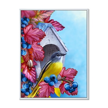 Designart 'Titmouse Bird Sitting On A Berries Branch Near A Birdhouse' Traditional Framed Canvas Wall Art Print