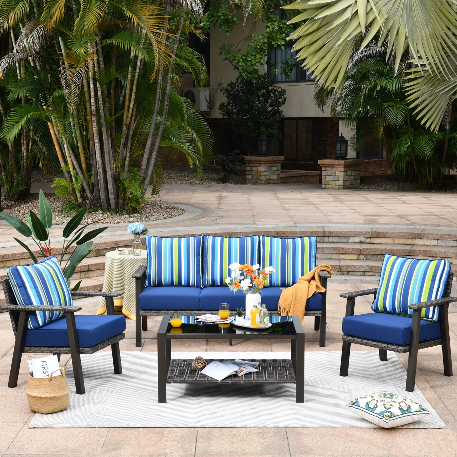 Ovios 4 Piece Outdoor Furniture AllWeather Patio Conversation Set Wicker Sectional Sofa with 5