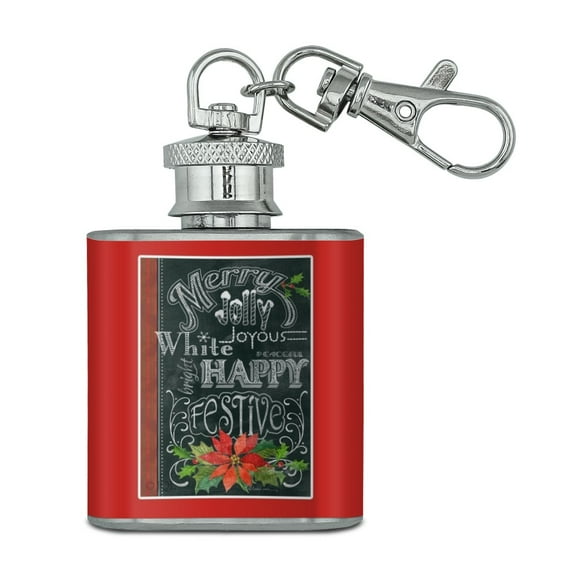 Christmas Holiday Merry Jolly Happy Festive Stainless Steel 1oz Mini Flask Key Chain