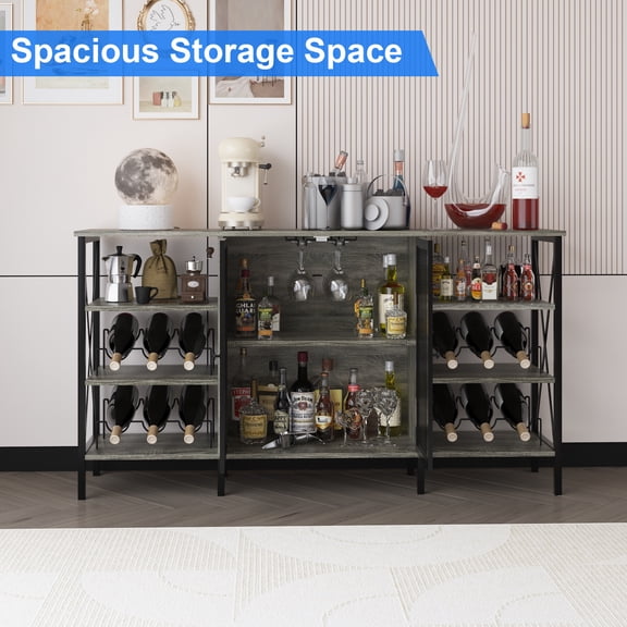 BouPower Wine Bar Cabinet with LED Light,Modern Liquor Coffee Station with Wine Rack,Farmhouse Buffet Sideboard with Storage for Living Room,Kitchen,Entryway