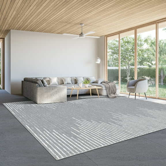 Hasoo Washable Bedroom Rug Geometric Striped Area Rug Soft Non Slip Low Pile Stain Resistant Carpet, Gray 9' x 12'