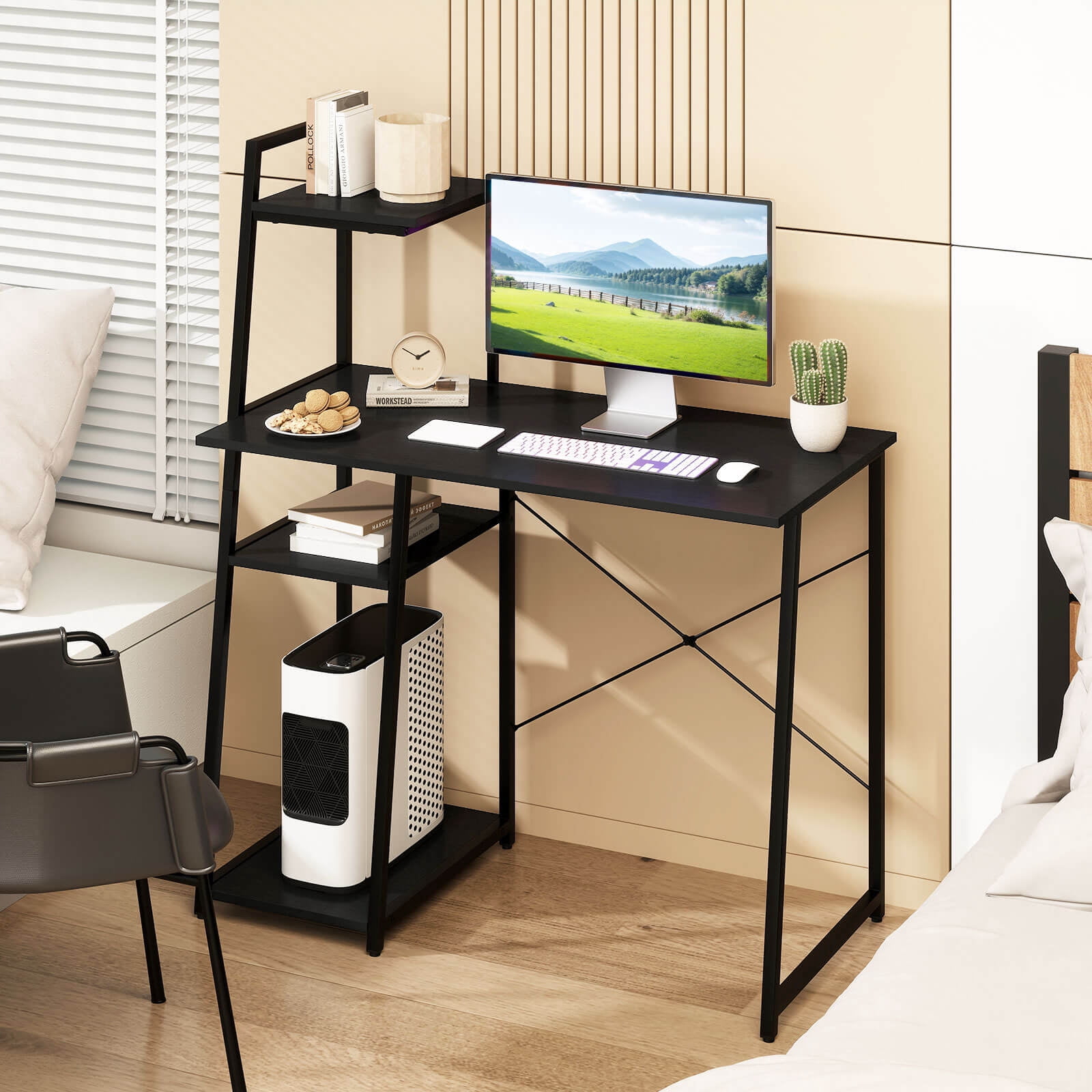 Costway Home Office Desk, PC Laptop Workstation with Bookshelf, Host Stand, Metal Frame Black