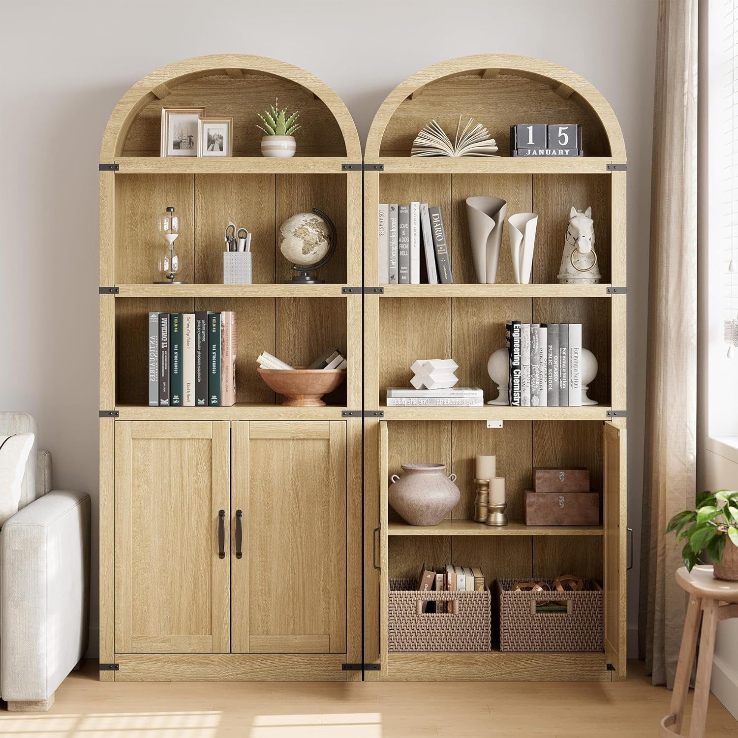 Accreate Bookcase with Doors Arched Bookshelf 71.65in Tall Bookcase Farmhouse Cabinet with Shelves Wooden Bookshelves for Home office, Living Room
