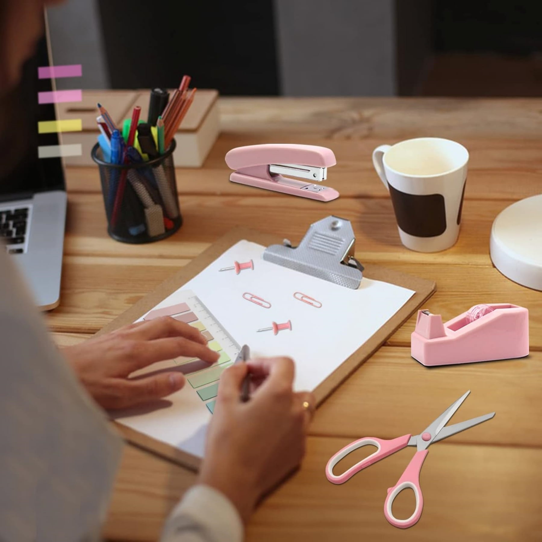 Pink Office Supplies Set & Desk Organizer Kit,Desk Accessories, Stapler and Tape Dispenser Set for Women with Stapler, Tape Dispenser, Staple Remover, Staples, Clips, Scissor and Tabs