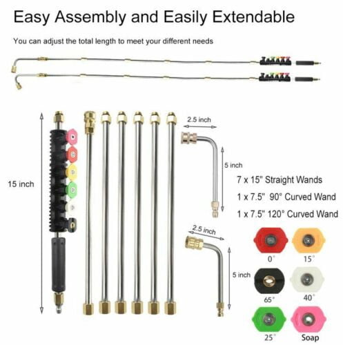 iMeshbean 120 Inch Pressure Washer Extension Wand Gutter Cleaning Tool Set 1/4" Quick Connect 4000 PSI Power Washer with 6 Spray Nozzle Tips, 30° Curved Rod, High Reach
