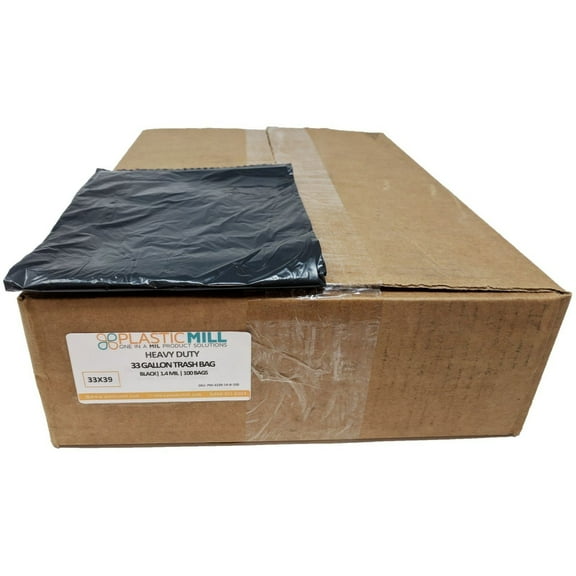 PlasticMill 33 Gallon, Black, 1.4 MIL, 33x39, 100 Bags/Case, Garbage Bags / Trash Can Liners.