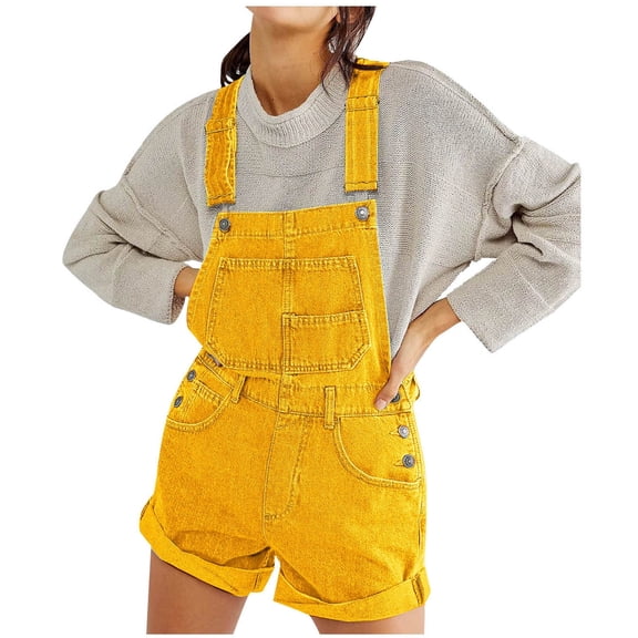Women's Denim Casual Short Overalls Cotton Adjustable Straps Rompers Shorts Jeans Jumpsuit Playsuit  Yellow XL