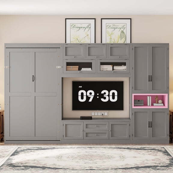 FFZ Twin Size Wooden Murphy Bed with TV Stand, 2 Drawers and Cabinets, 124.8 x 81.1 x 82.3 inch, Gray