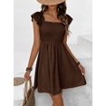 thumbnail image 4 of Coffee Brown Womens Solid Boat Neck Ruffled Cap Sleeve Smocked Waist A-Line Short Casual Dress, 4 of 6
