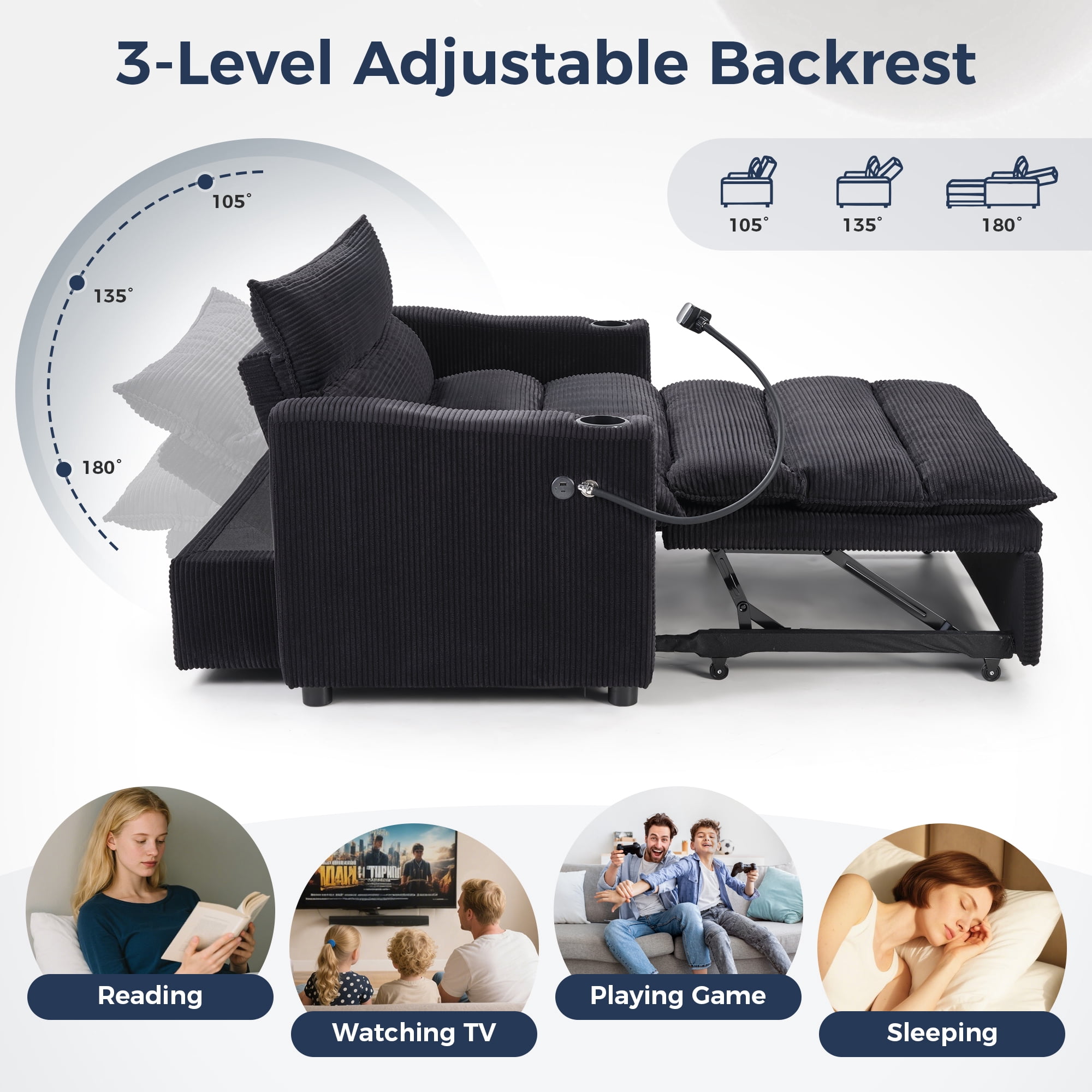 Ebello 3-in-1 Sleeper Sofa Bed, Corduroy Convertible Pullout Futon Couch with Adjustable Backrest, Phone Holders & USB Ports for Apartment, Small Space, 2-Seat(Black)