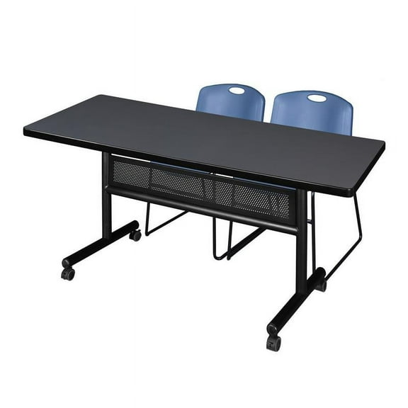 72" x 30" Flip Top Mobile Training Table w/ Divider- Grey & 2 Stack Chairs