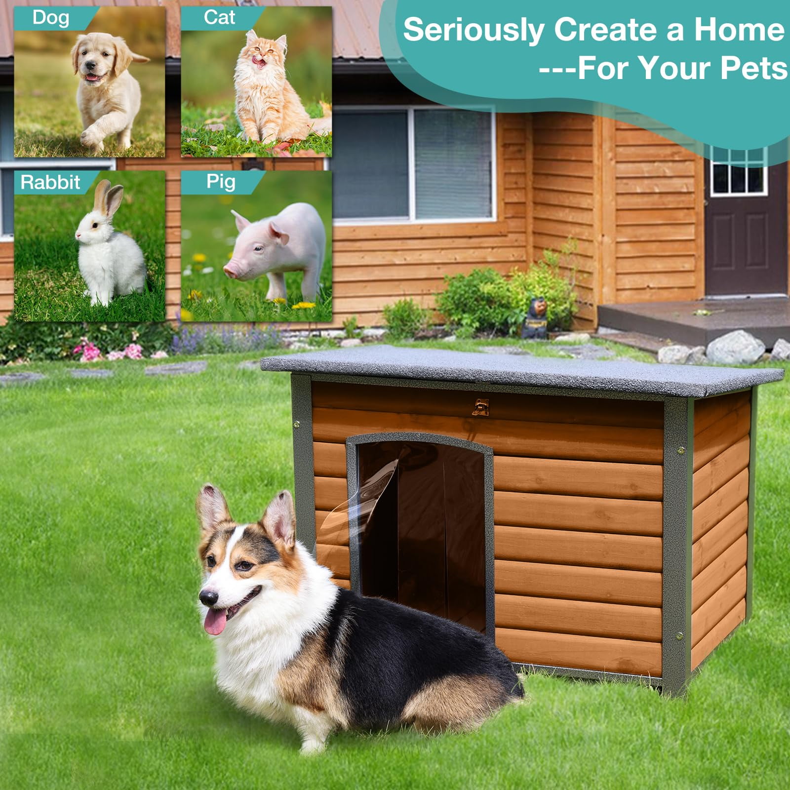 Wooden Dog House Indoor Outdoor, Chew Proof Iron Frame Kennel with Weatherproof Asphalt Roof, Spacious Shelter for Large Dogs 33.5"L X 22"W X 25.2"H Brown