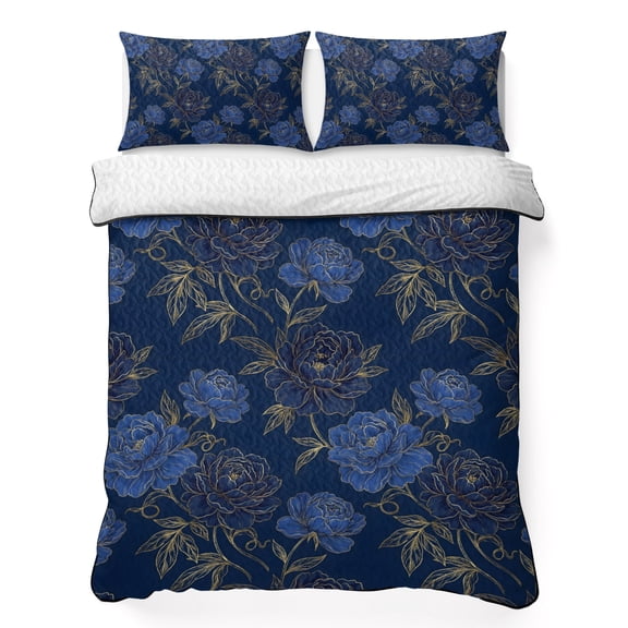 Quilts Twin Size Bedding Set, Navy Blue Golden Flowers Lightweight Quilted Comforter, Vintage Elegant Floral Botanical Soft Reversible Bedspread Coverlet with Pillow Covers for All Season, 68" x 86"