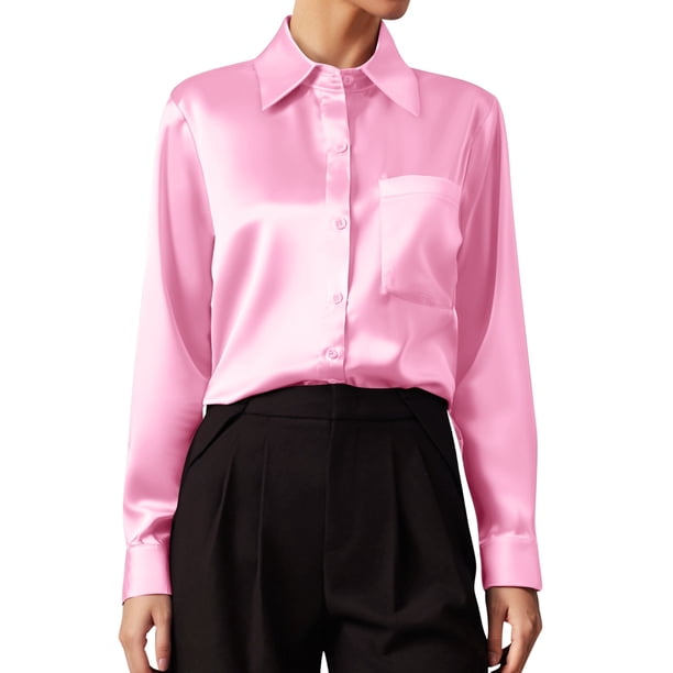 Camisa de satén de manga larga con cuello en V para mujer - Color liso - Poliéster - Para la oficina/uso informal - Tallas S-XXL