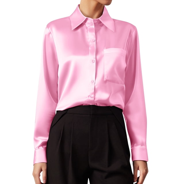 Camisa de satén de manga larga con cuello en V para mujer - Color liso - Poliéster - Para la oficina/uso informal - Tallas S-XXL