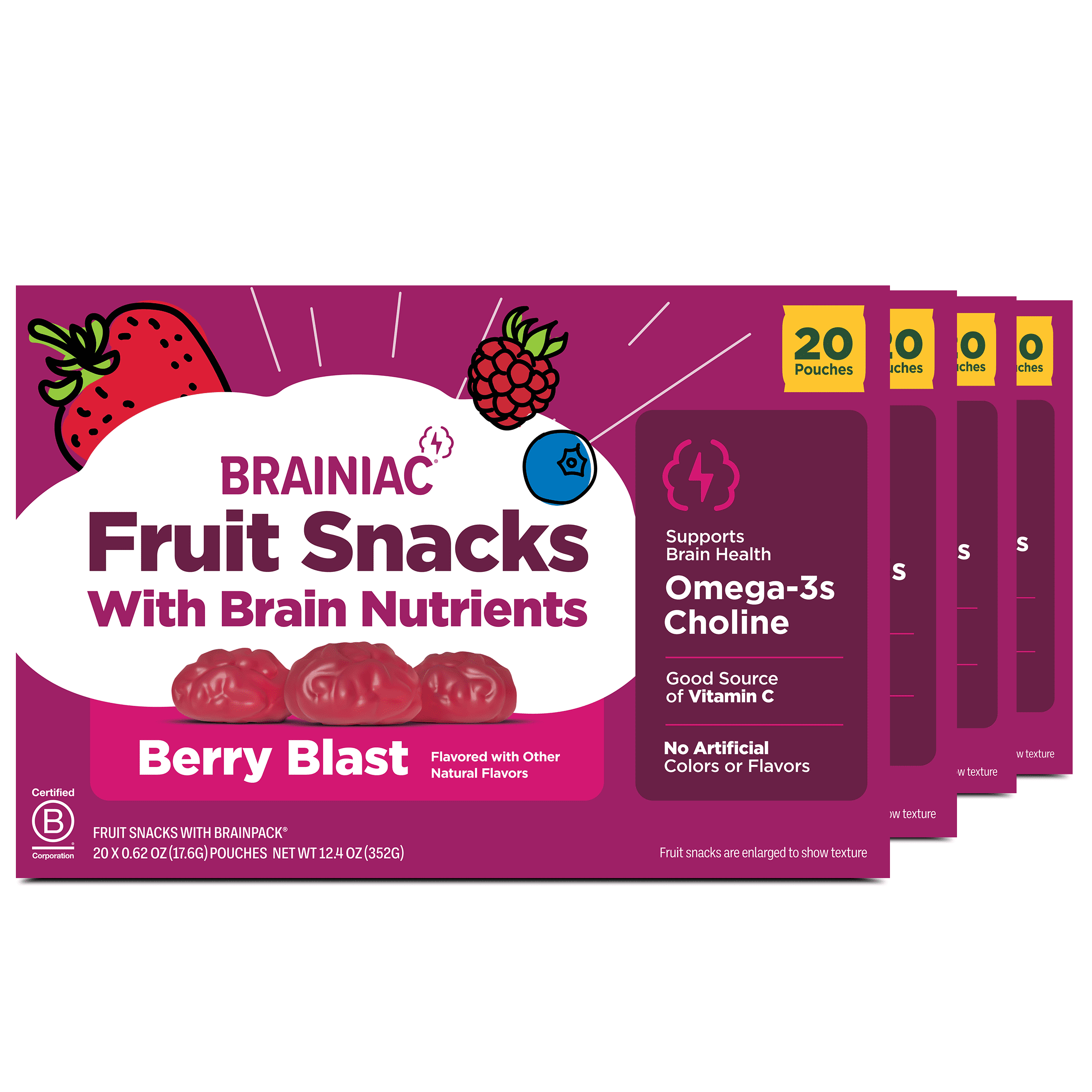 Brainiac Fruit Snacks with BrainPack, Berry Blast, 80ct
