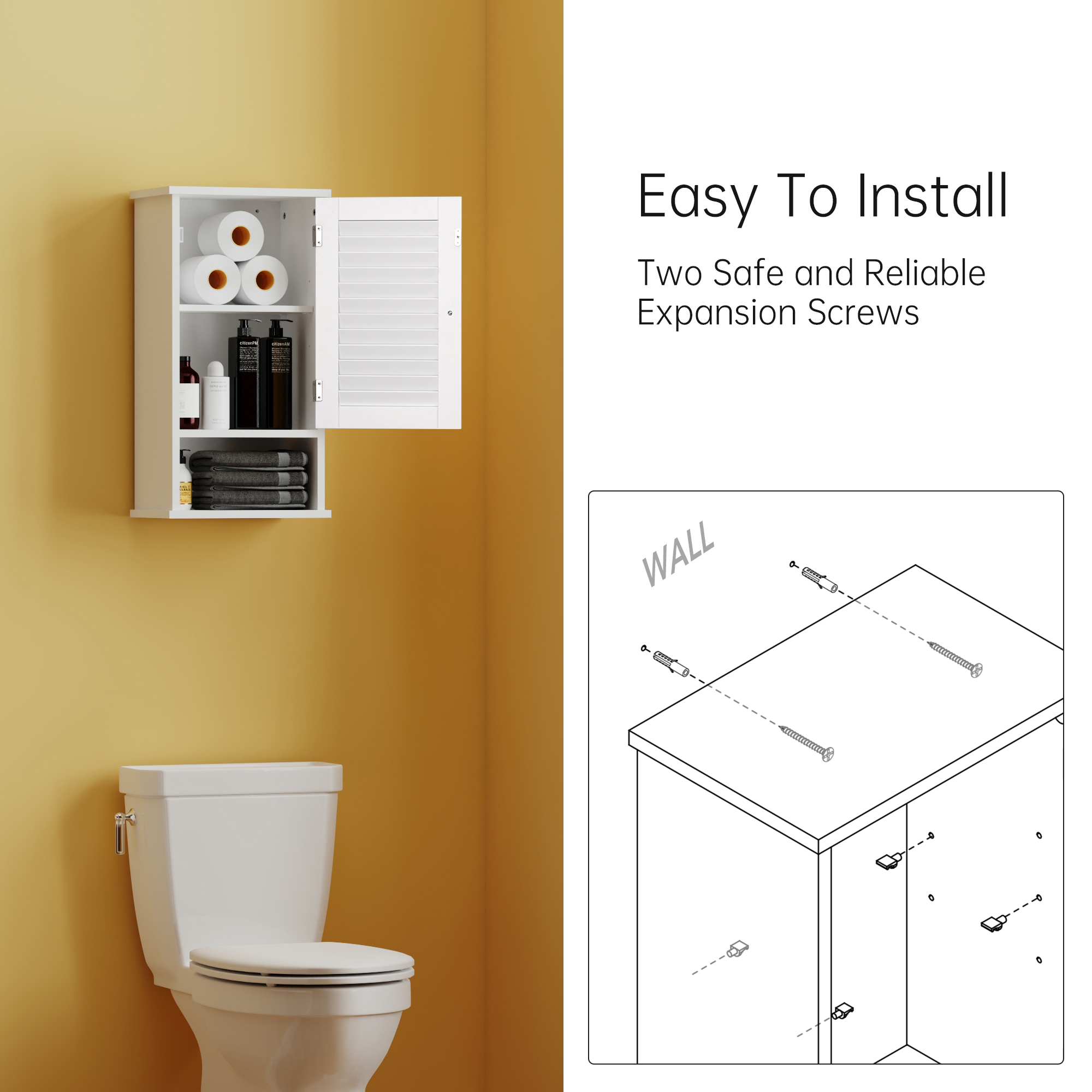 OONNEE Slim Medicine Cabinet, 3 Tier Hanging Cabinet with Single Louvered Door, Open Shelf,  Small Wall cabinet for Home Bathroom Bedroom Laundry, White