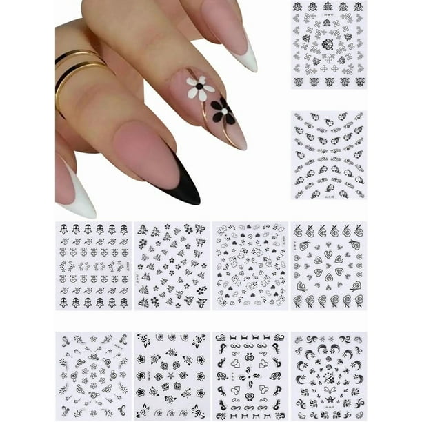 10 pegatinas autoadhesivas de plástico 3D luminosas con relieve floral para decoración de uñas, pequeñas calcomanías de manicura con flores negras.