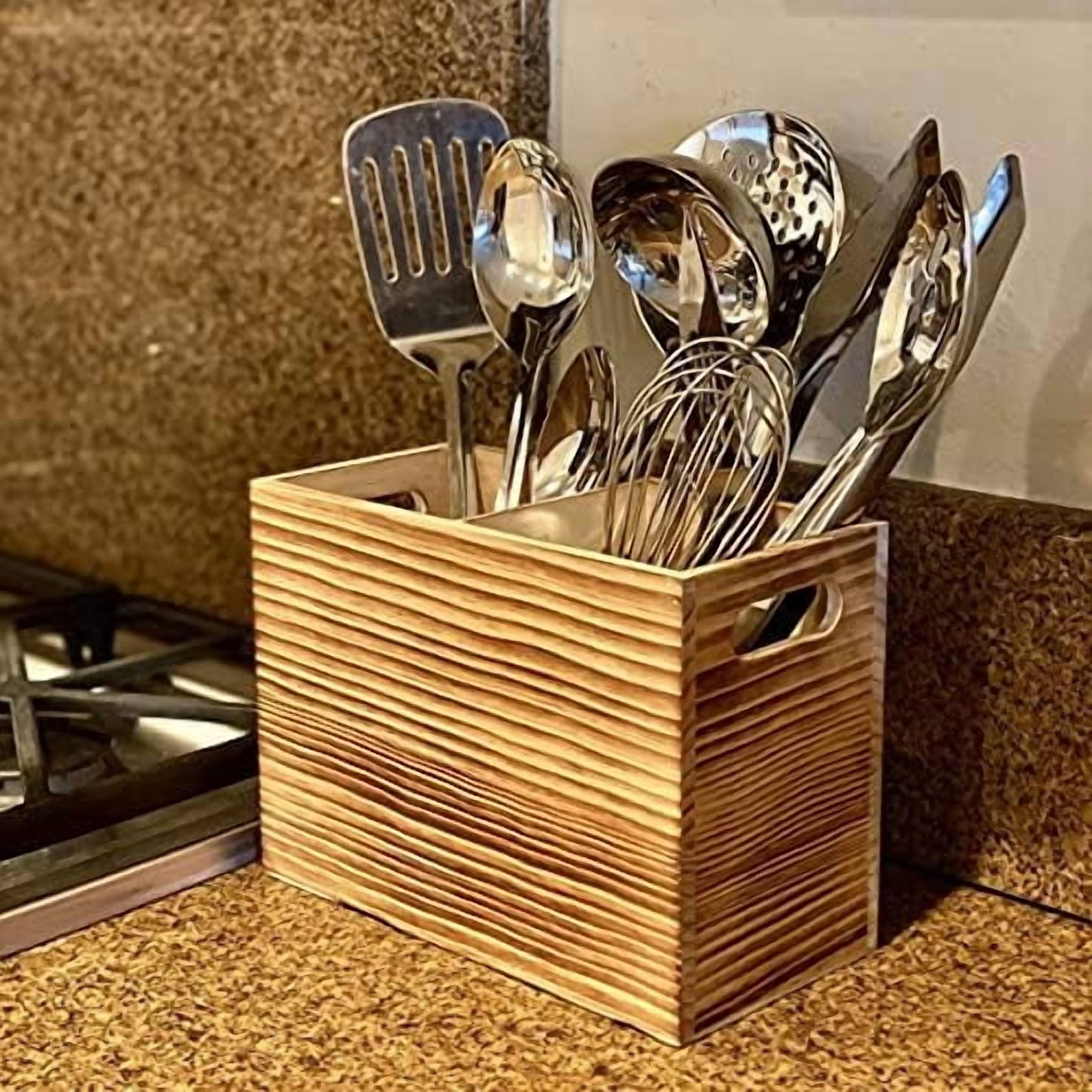 Wood Utensil Holder for Kitchen Counter - 2 Compartment Large Utensil Crock Organizer for Countertop - Tool Holder for Spatula - Farmhouse Decor