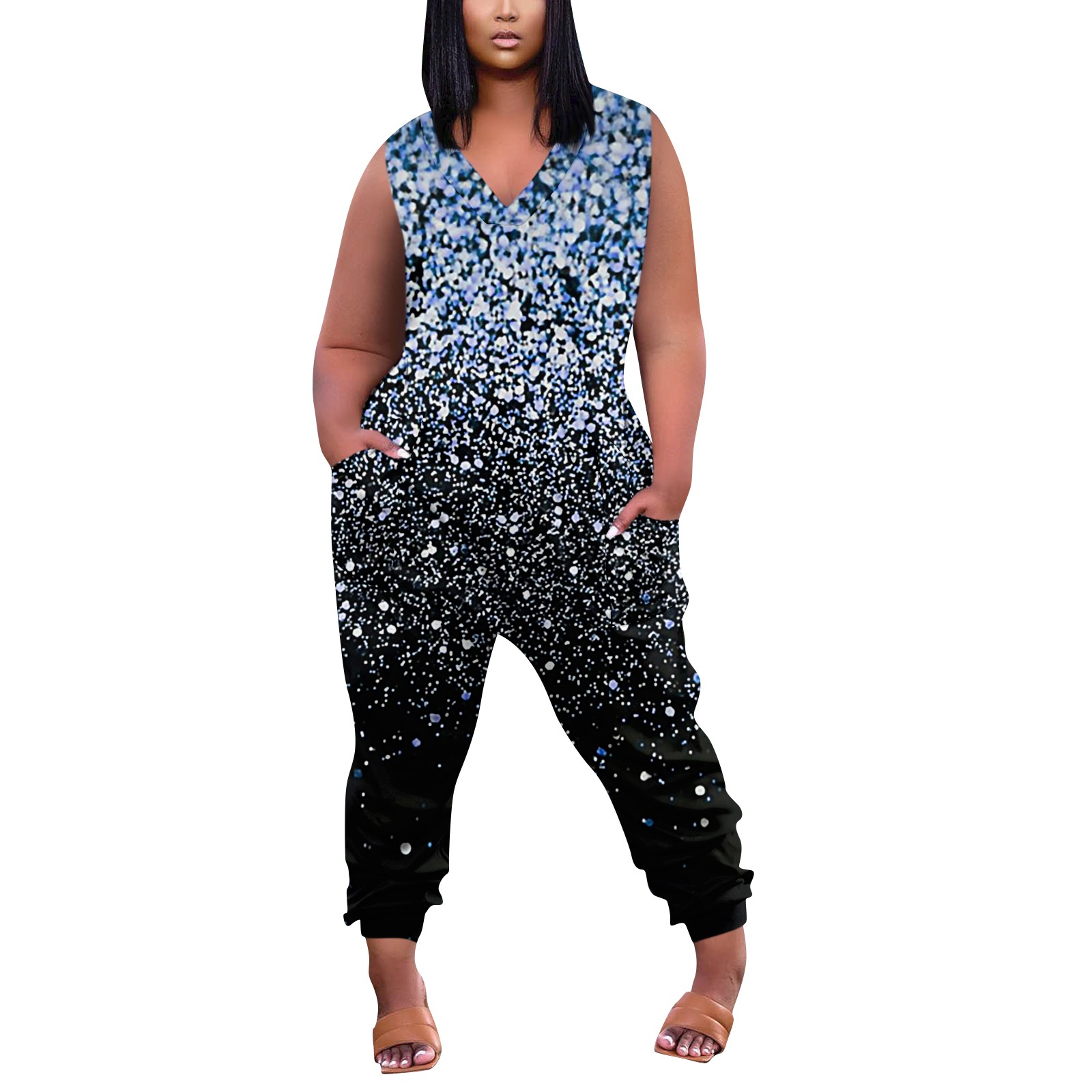 LTTVQM Maternity Jumpsuit Oversized Jumpsuits V Neck Zipper Wide Long Jumpsuits Sleeveless Rompers Overalls Sequin Print Rompers with Pockets Overalls