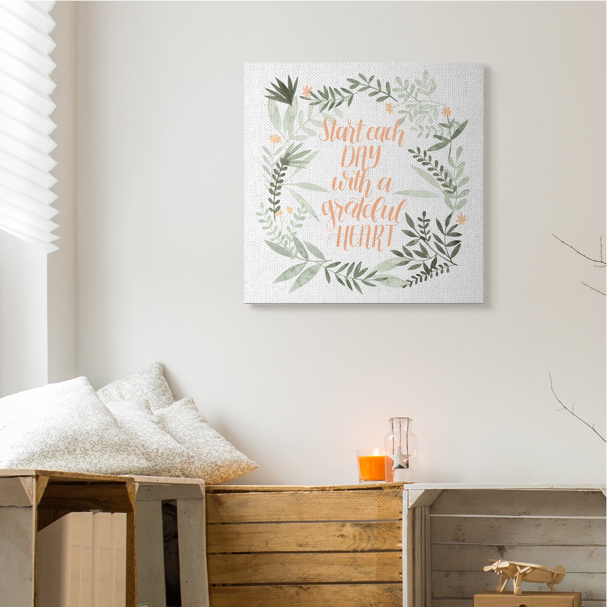 Stupell Industries Grateful Heart Phrase Soft Green Floral Plants Inspirational Painting Gallery Wrapped Canvas Art Print Wall Art, 30 x 30