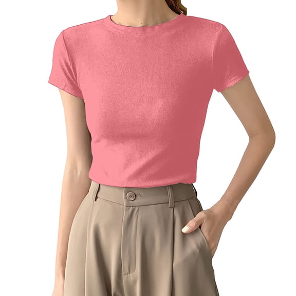 Womens' Stretchy Ribbed High Neck Short Sleeve Gym Workout Slim Fitted Casual Full Length Top T-Shirt A L
