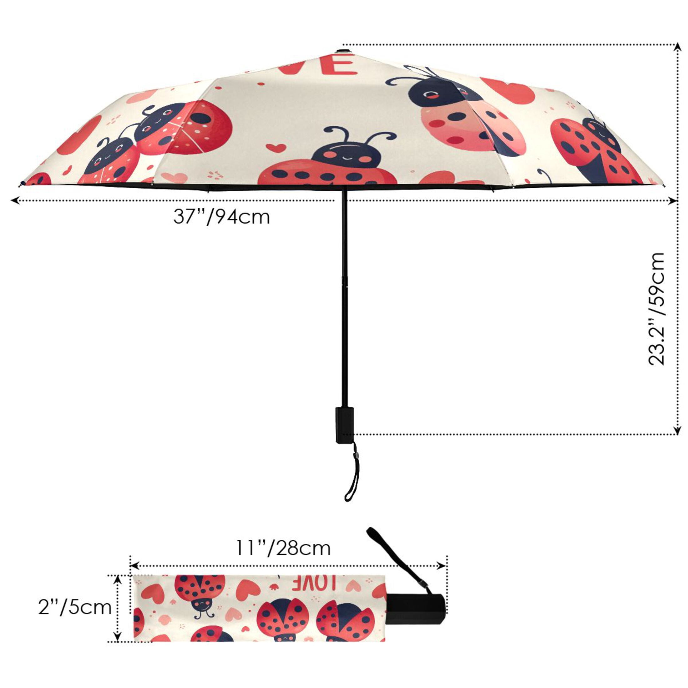 Ladybugs Heart Love Compact Sun Umbrella Windproof Travel Umbrellas for Rain Strong Portable UV Protection