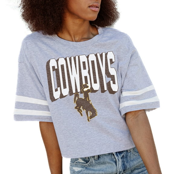 Women's Gameday Couture Gray Wyoming Cowboys No Shortcuts Drop Shoulder Sleeve Stripe Cropped T-Shirt