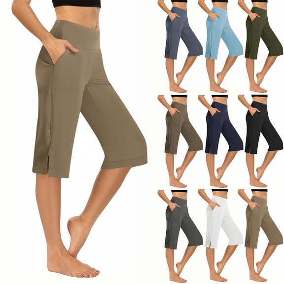 LIBRCLO Womens Yoga Pants Sports Gym Capris with Pockets Slim-Leg Capri Pants Elastic Waist Army Green L