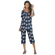 Roaman's Women's Plus Size Printed Henley Capri Set
