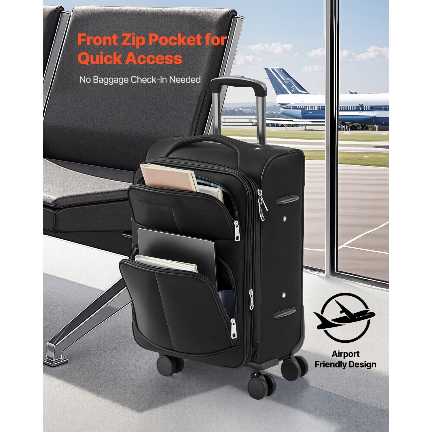 KFFKFF Softside Expandable Spinner Luggage 20" Checked Softside Spinner Luggage with Expandable Zippered Pocket and TSA Lock