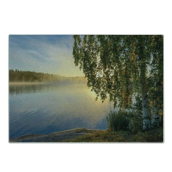 Nature Cutting Board, Sunny Day by Misty Lake Tree Summer Season Horizon August Landscape, Decorative Tempered Glass Cutting and Serving Board, Small Size, Fern Green Pale Blue, by Ambesonne