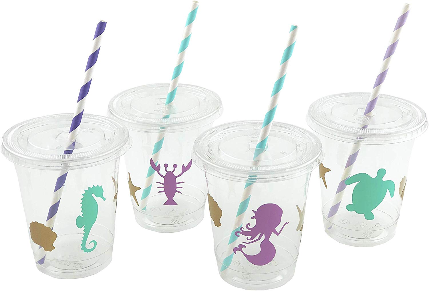 Mermaid Cups 12 Set Plastic Lids Straws Birthday Party Supplies Baby
