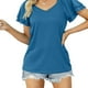 thumbnail image 3 of Camiseta de manga corta con volantes de Color puro para mujer, camiseta cómoda con cuello en V para mujer, camiseta de Color liso, 3 of 5